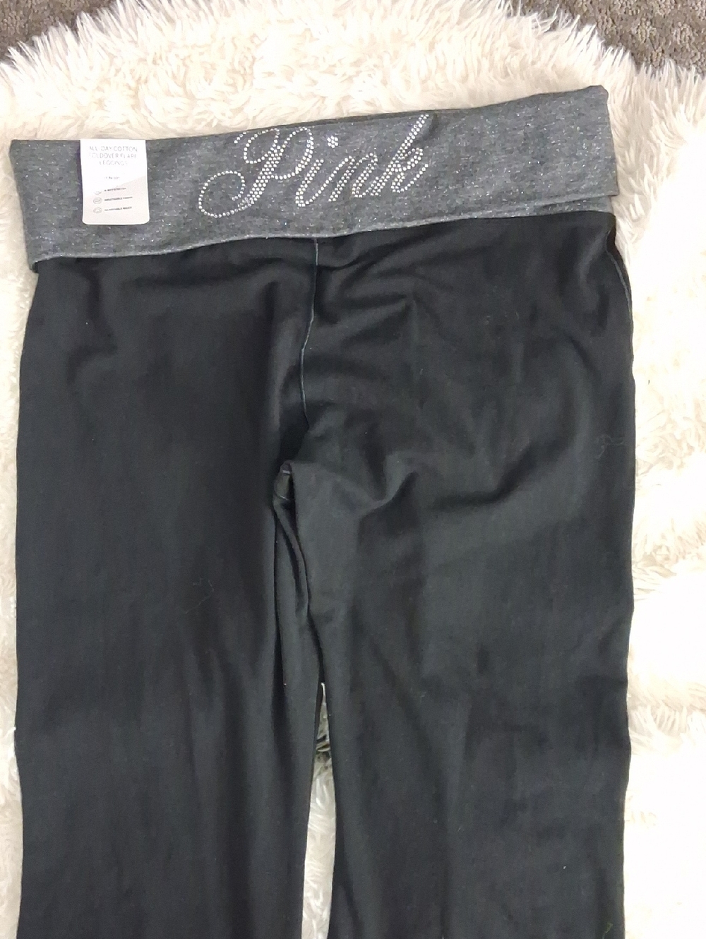 PINK Victoria's Secret Black Leggings with Gray Fold-Over Waistband